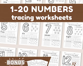 1-20 Number Tracing, Preschool Worksheet Printable, Handwriting Practice, Kindergarten Worksheets, Learning Numbers, Instant Download