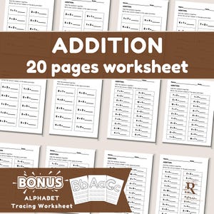20 feuilles d&#39;exercices sur les additions à imprimer, fiches d&#39;exercices de maths pour l&#39;école à la maison, maternelle-1re année-2e année, feuilles d&#39;exercices de maths et exercices d&#39;additions PDF