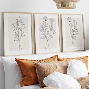 Beige Floral Wall Art Prints Set of 3: Boho Minimalist Decor (Digital Download)