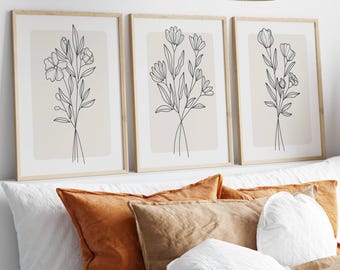 Juego de 3 láminas florales beige para pared: Decoración minimalista bohemia (descarga digital)