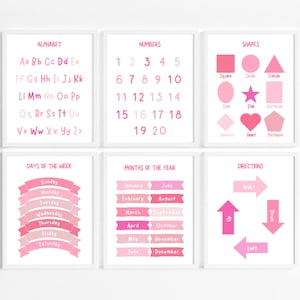Juego de 6 carteles educativos de pared de color rosa para el aula, póster educativo imprimible para educación en el hogar, póster del alfabeto, arte de pared para niños, sala de juegos digital