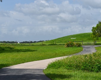 May include: A winding paved driveway leads to a grassy field with a rolling green hill in the background. The sky is partly cloudy.