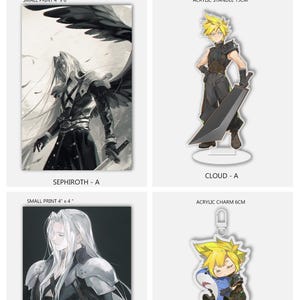 May include: An image featuring four items: two small prints (4" x 6" and 4" x 4") and two acrylic figures (15cm standee and 6cm charm). The prints depict anime characters, one with long silver hair and a sword. The acrylic figures are of a character with spiky blonde hair.