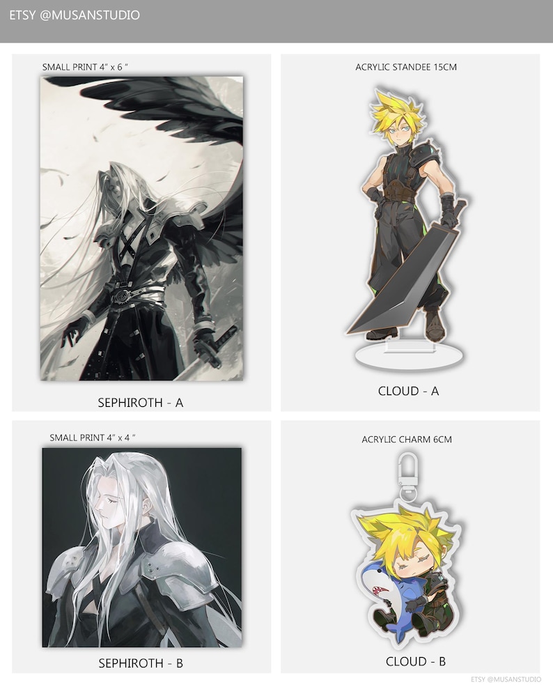 May include: An image featuring four items: two small prints (4" x 6" and 4" x 4") and two acrylic figures (15cm standee and 6cm charm). The prints depict anime characters, one with long silver hair and a sword. The acrylic figures are of a character with spiky blonde hair.