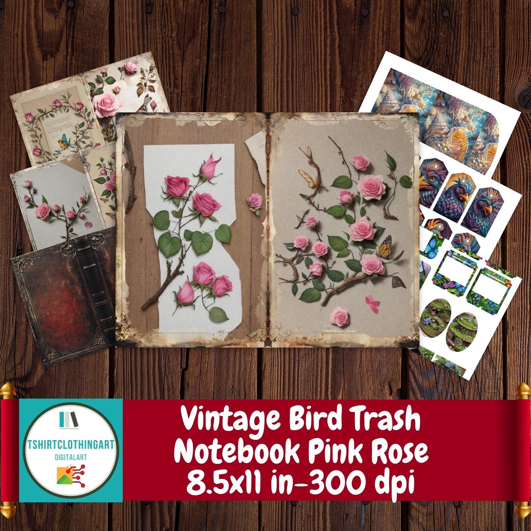 Trashed Notebook Vintage Bird Trash Notebook Pink Rose,tag,folio,ephemera,journal Cover ...