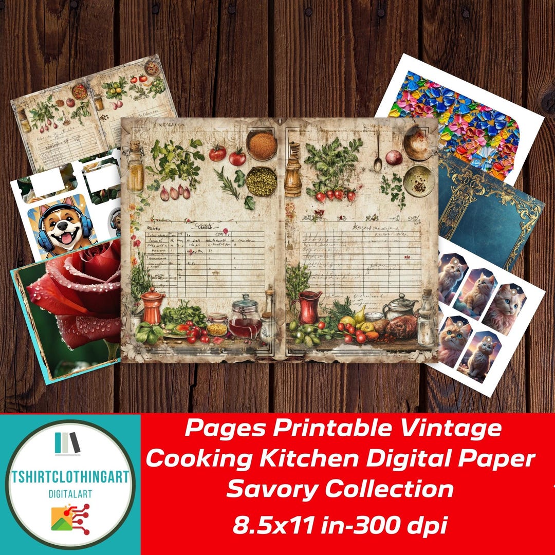 Vintage Kitchen Recipe Pages: Printable Cooking Digital Paper ...