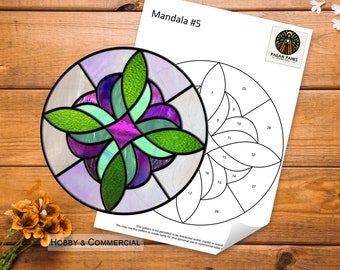 May include: A stained glass mandala pattern with green, purple, and blue glass pieces. The pattern is numbered for a stained glass project. The text "Mandala #5" and "PAGAN PANES" is visible in the image. The text "HOBBY & COMMERCIAL" is also visible.