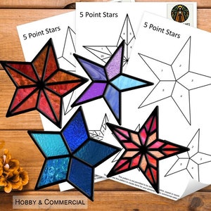 May include: Four stained glass star patterns with numbered sections. The patterns are printed on white paper with the text "5 Point Stars" and "Hobby & Commercial".