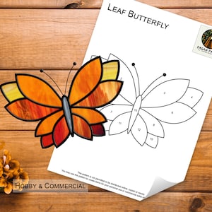 Leaf Butterfly Stained Glass Pattern, Suncatcher, DIY Stained Glass Patterns, Digital Download, PDF, PNG, Pattern, Butterfly