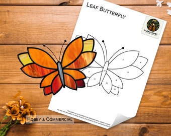 Leaf Butterfly Stained Glass Pattern, Suncatcher, DIY Stained Glass Patterns, Digital Download, PDF, PNG, Pattern, Butterfly