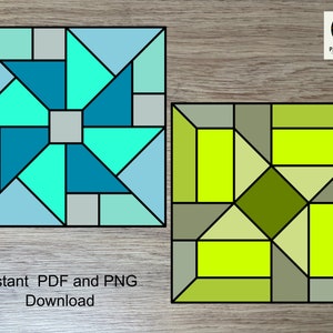 May include: Two stained glass patterns, one in shades of blue and green, the other in shades of green and yellow. Both patterns are geometric and feature a star shape in the centre. The text "Instant PDF and PNG Download" is at the bottom of the image.