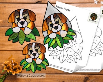 Speels glas-in-loodpatroon puppy, Suncatcher, DIY glas-in-loodpatronen, digitale download, pdf, png, patroon, hond, puppy