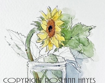 Sunflower in Glass Jar Original Watercolor Painting Garden Flowers Floral