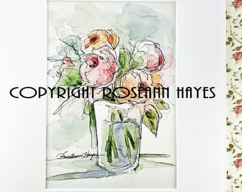 Roses Pink Watercolor Print Country Garden Bouquet
