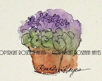 African Violet Painting Watercolor Flowers Gift for Mom Grandma Sister Friend Bridesmaid Hand Painted Cottage Chic Farmhouse Art Lavender