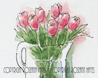 Tulips Pink Watercolor Painting Original Flowers Square
