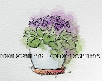 African Violets Painting Original Watercolor Flowers Gift Mother Grandma Gardener Housewarming Farmhouse