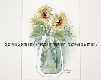 Sunflowers Wildflowers Glass Vase Original Watercolor Painting Garden Flowers