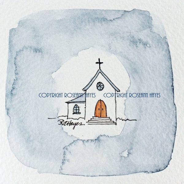 Chapel Church Original Watercolor Painting Gift Square