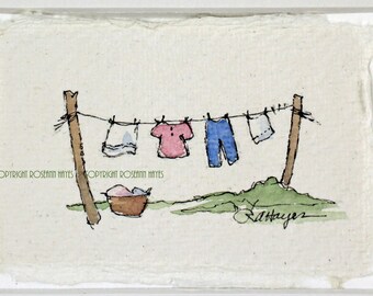 Laundry Room Painting Art Clothesline Original Watercolor Farmhouse Cottage Country Gift for Mother Grandma Sister Housewarming Hostess Home