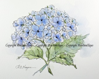 Hydrangea Watercolor Print Flowers Bouquet Gift for Mother Grandmother Gardener Friend Hostess Housewarming Cottage Chic Farmhouse Botanical