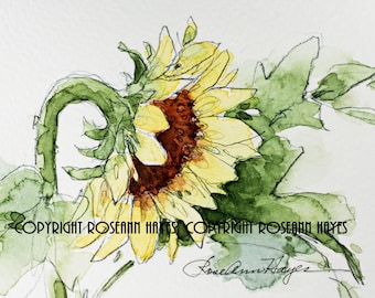 Sunflower Watercolor Print Wildflower Gift for Mother Hostess Teacher Gardener Farmhouse Cottage Valentine Shower Housewarming Wildflower