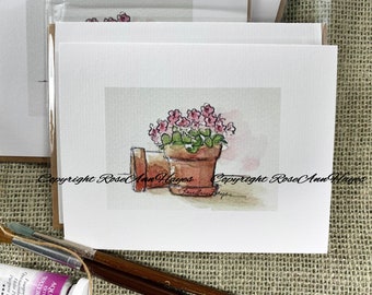 Pink Flowers Set of Six Note Cards Watercolor Painting Greeting