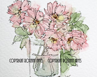 Pink Cosmos Wildflower Watercolor Painting Original Flowers Square