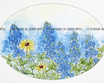 Bluebonnet Wildflower Original Watercolor Painting Texas Lupine