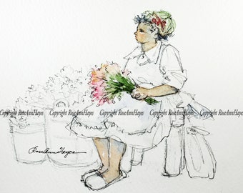 Charleston South Carolina Flower Seller Watercolor Print of Painting Lady