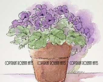 Violets in Flower Pot Original Watercolor Painting Garden