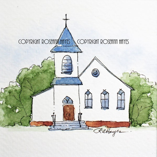 Church Chapel Watercolor Painting Original Gift Square