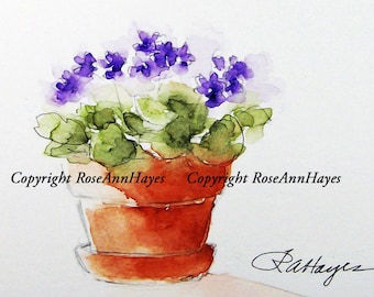 African Violets Watercolor Print of Painting Floral Country Flowers 5 x 7