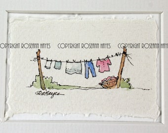 Laundry Room Art Watercolor Painting Clothesline Gift for Her Mom Grandma Friend Wash Day Art Housewarming Vintage Nostalgia Style Cottage