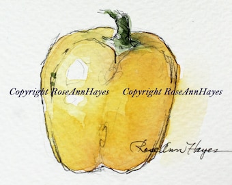 Farmhouse Decor Bell Pepper Watercolor Painting Kitchen Art Vegetable Original Cottage Chic Housewarming Gift for Hostess Gardener Chef