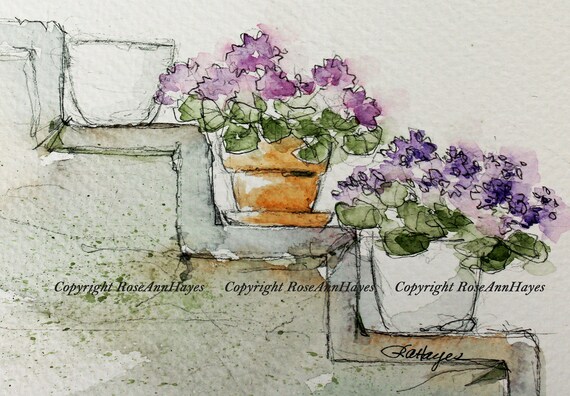 Purple Flowers on the Steps Watercolor Print of Painting Pots - Etsy