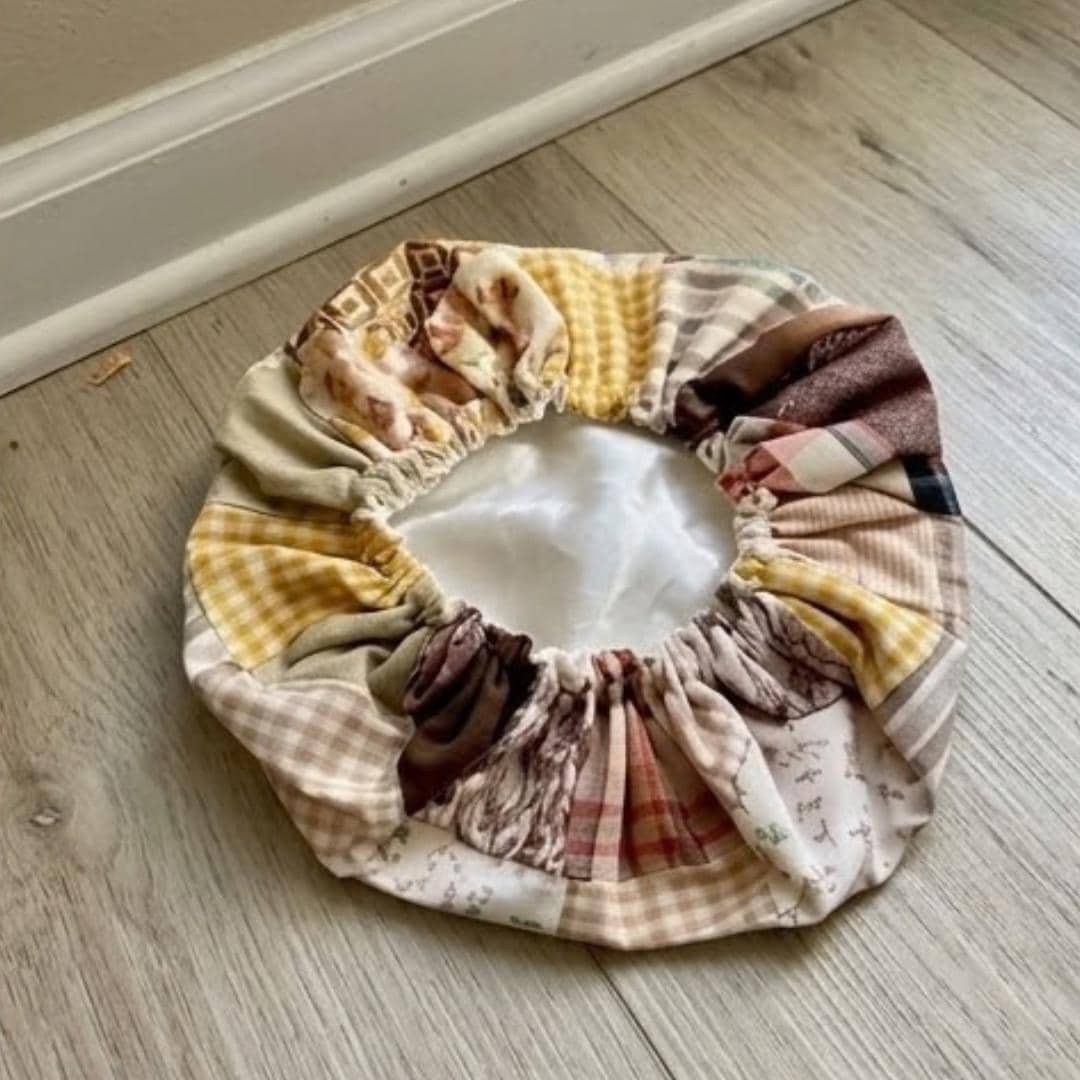 Mulberry silk night cap with earth-toned trim to protect curly hair A silky self-care treat and ideal gift for mom or girlfriend.