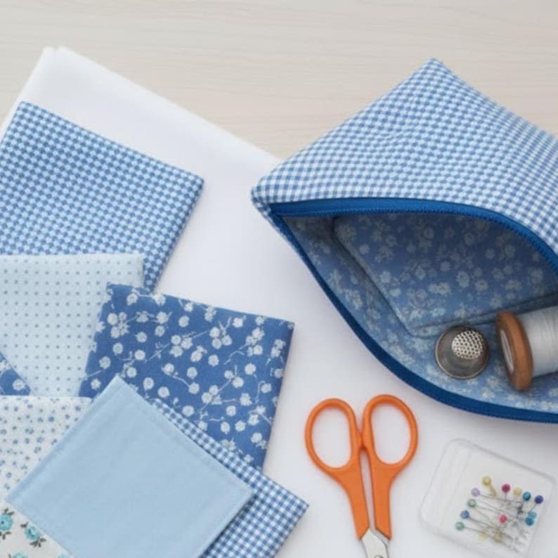Pode incluir: Um conjunto de materiais de costura, incluindo quadrados de tecido azul estampado, uma bolsa com z&iacute;per, tesouras laranja, alfinetes, uma dedeira e linha. A bolsa e o tecido apresentam padr&otilde;es xadrez e florais em tons de azul e branco.
