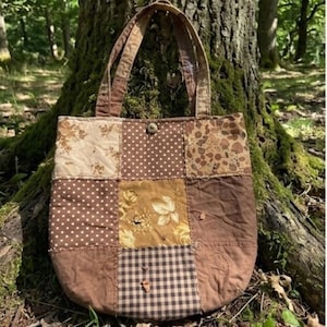 Brown Patchwork Tote Bag – Rustic and Organic Style Shoulder Bag – Patchwork in Earth and Coffee Tones – Handmade Sustainable Accessory