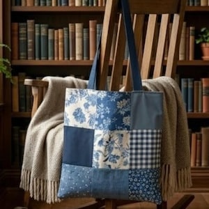 Pode incluir: Uma sacola tote patchwork com uma variedade de padrões azuis, incluindo florais, xadrez e painéis lisos. A sacola tem alças azul escuro e é exibida em uma cadeira de madeira com um cobertor. O fundo apresenta uma estante cheia de livros.