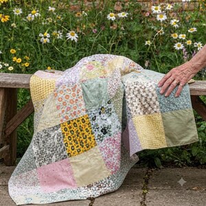 Yellow Green and Pink Patchwork Blanket – Handmade Cottagecore Throw, Rustic Picnic & Home Decor + Free Matching Scrunchie – 4 Sizes