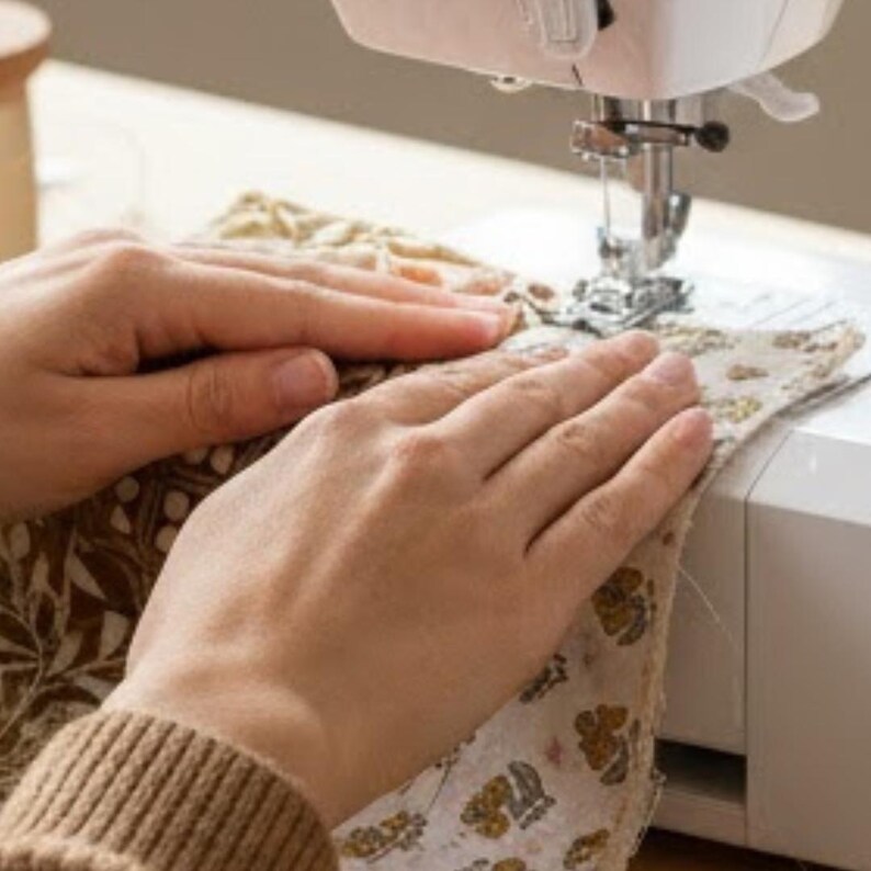 Op de afbeelding: Een close-up van een naaimachine in werking, met handen die bedrukte stof onder de naald geleiden. De stof heeft een beige achtergrond met een bruin bloemenpatroon. De naaimachine is wit.