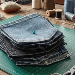 Op de afbeelding: Een stapel denim zakken in verschillende tinten blauw en grijs, met een turquoise speld erop. De zakken liggen op een groene snijmat, met spoelen garen en een speldenkussen op de achtergrond. Naai- en knutselbenodigdheden.