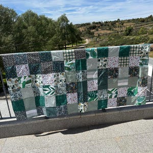 Manta de Patchwork verde nature Cottagecore Algodão,Colcha Artesanal Rústica  Piquenique e Decoração,Estilo Boho Moderno,Oferta Scrunchie