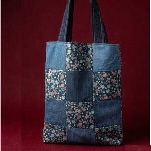 Upcycled Denim Patchwork Bag – Teen School Bag with Floral Patches, Handmade Sustainable Tote