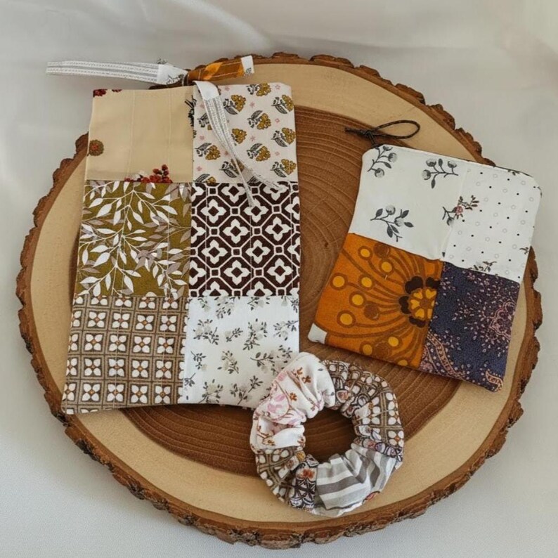 3-delige patchworkset | Duurzame patchworktas, scrunchie en make-uptashouder, Boho Chic Bruin afbeelding 1
