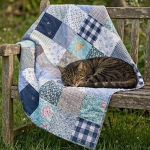 Op de afbeelding: Een slapende tabby kat op een houten bank, bedekt met een patchwork quilt. De quilt is gemaakt van blauw-witte patronen, waaronder bloemen- en ruitpatronen. De scène speelt zich buiten af met groen gras op de achtergrond.