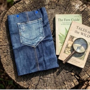 Pode incluir: Uma capa de livro de ganga azul com um bolso traseiro e dois botões azuis. Ao lado, dois livros antigos, "The Fern Guide" e "Tales of the Wild", e uma lupa. Os objetos estão dispostos numa superfície de madeira rústica.