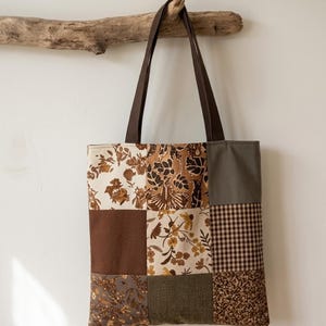 Brown Floral Patchwork Tote Bag – Handmade Cottagecore Bag, 15x15cm Squares, Perfect Gift for Nature Lovers