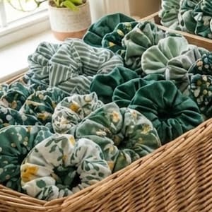 May include: A wicker basket overflowing with a variety of green scrunchies. The scrunchies feature different patterns, including stripes, floral designs, and solid colors. The scrunchies are made of velvet and other fabrics.